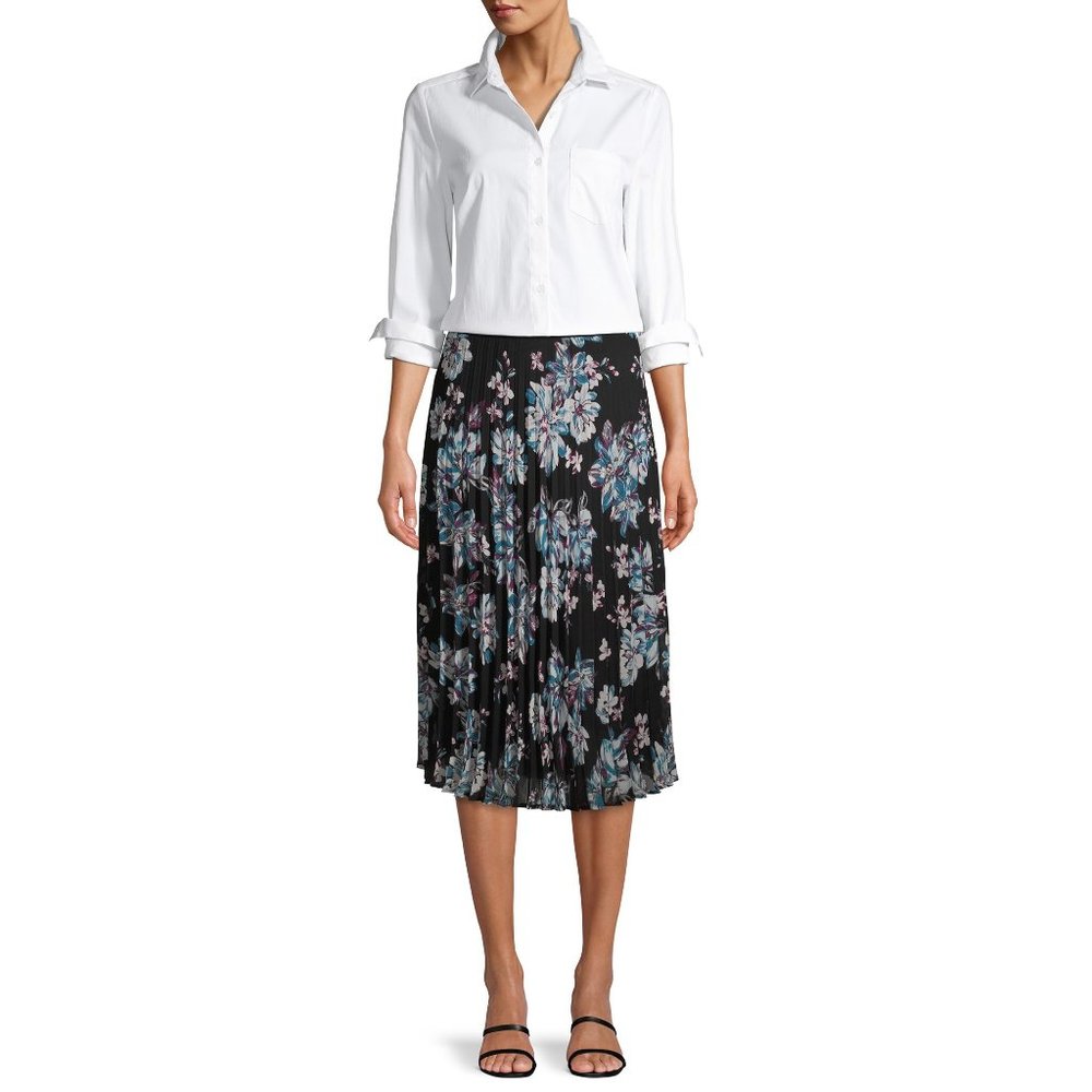 Time and Tru Women's Pleated Midi Skirt, Black Floral